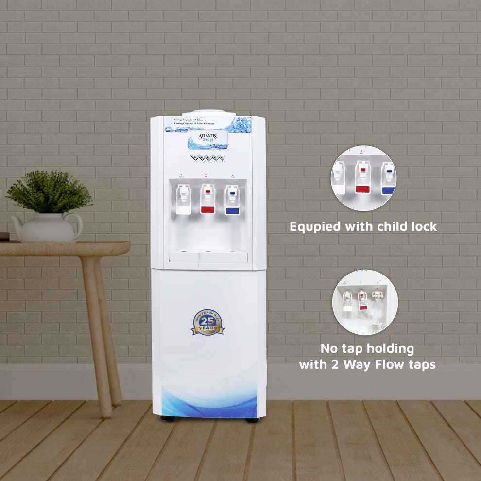 Atlantis super water dispenser white model with child lock and 2 way flow taps in room setting
