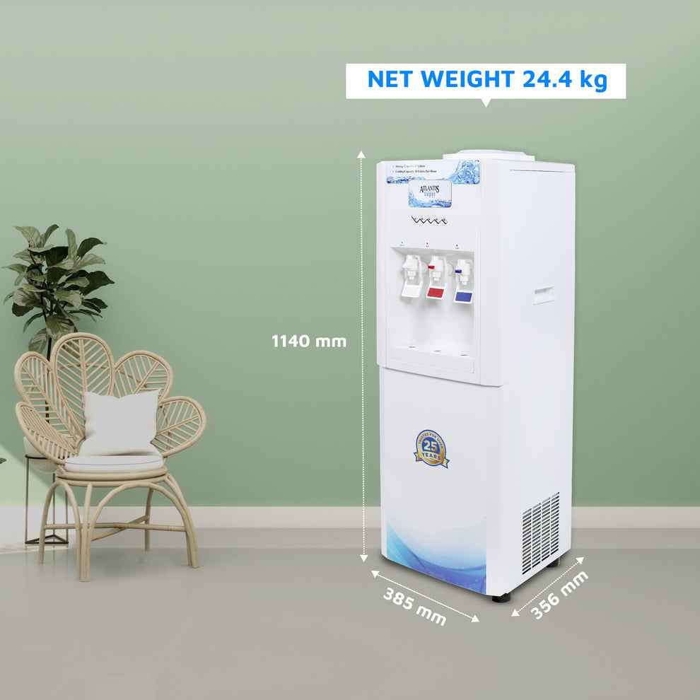 White Atlantis super water dispenser with hot and cold taps beside rattan chair and plant