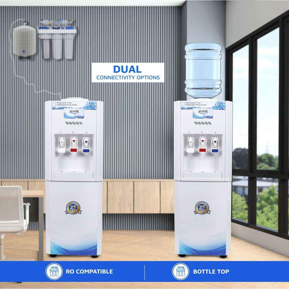 Atlantis super water dispenser showing dual connectivity options with RO compatible and bottle top setups