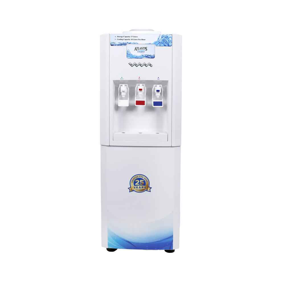 White Atlantis super water dispenser with hot cold and normal water taps and 25 year warranty