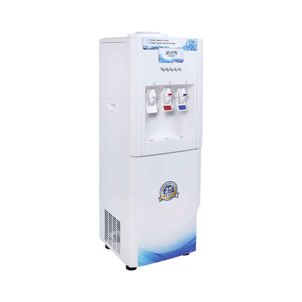 Atlantis super water dispenser white floor standing water cooler with three taps for hot cold and normal water