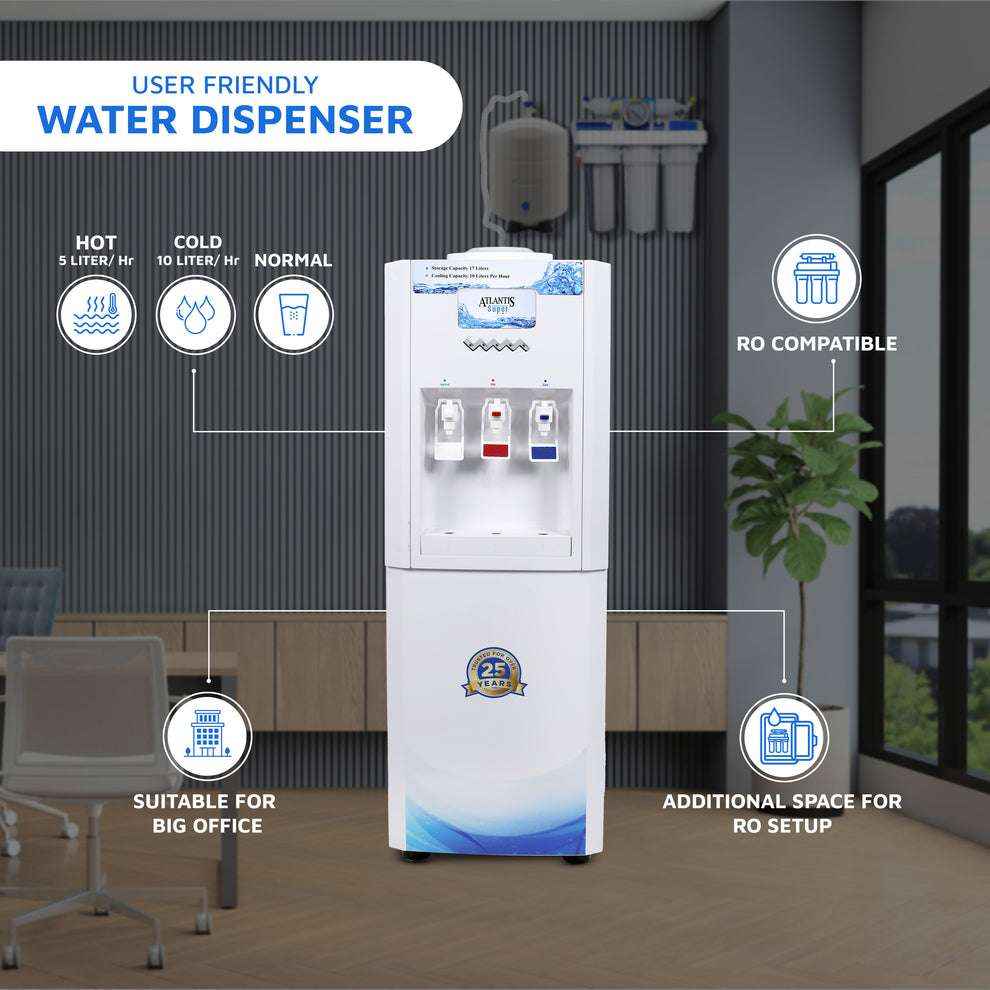 Atlantis super water dispenser with hot cold and normal water options suitable for big office RO compatible