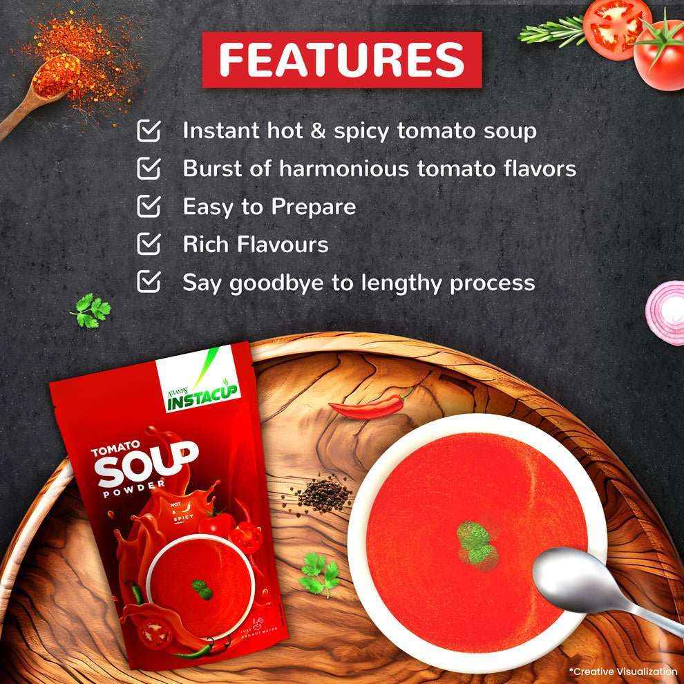 Atlantis tomato soup powder 500g pack with a bowl of instant hot spicy tomato soup on wooden tray