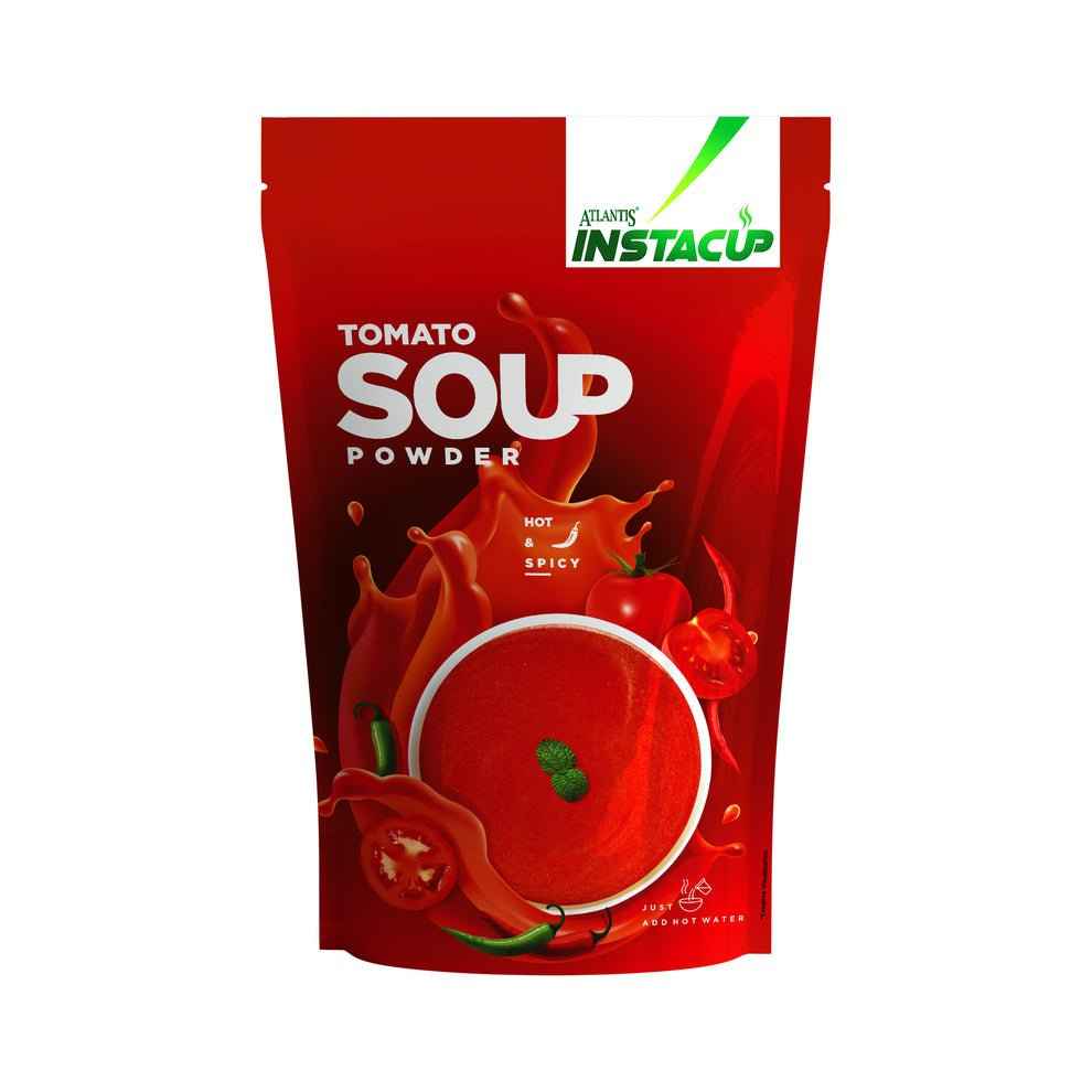 Atlantis tomato soup powder 500g pouch with spicy tomato soup illustration on red packaging