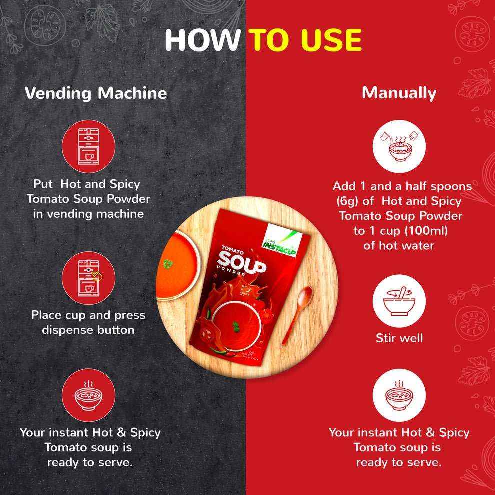 Instructions for using Atlantis tomato soup powder 500g with vending machine and manual preparation methods