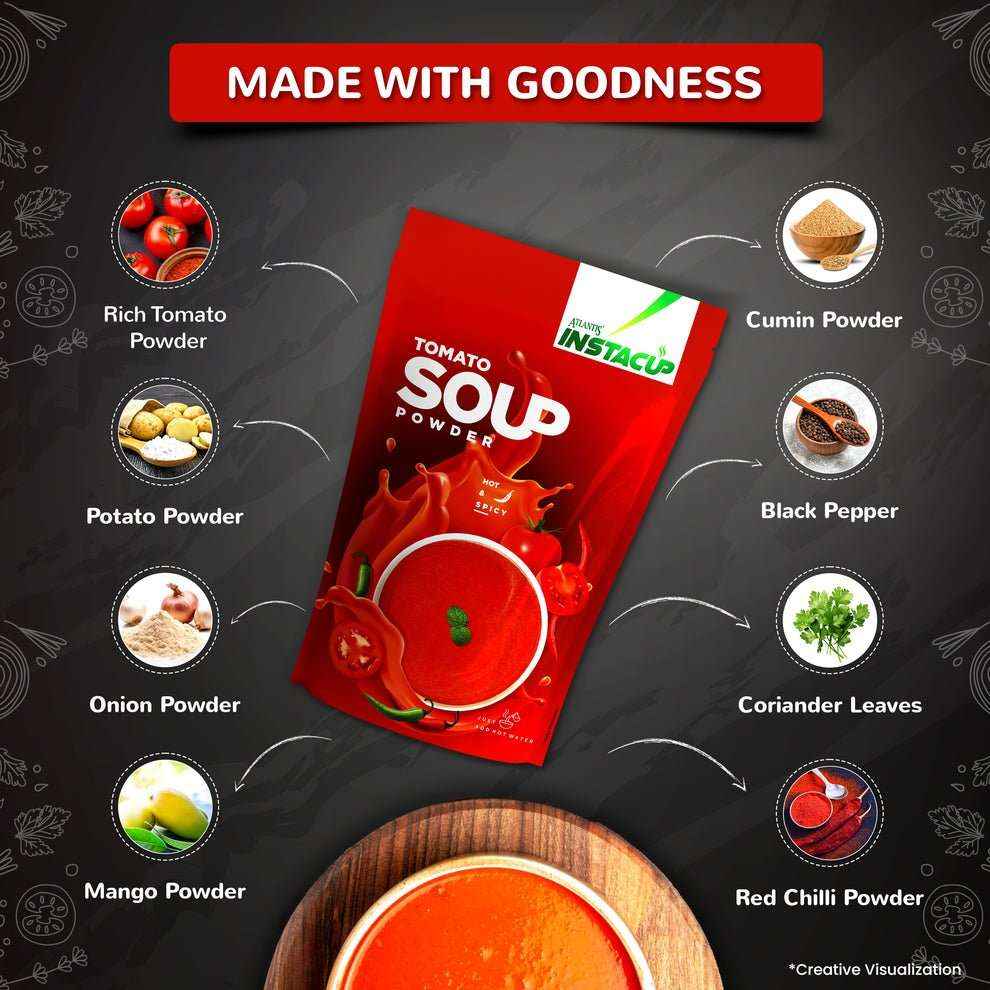 Atlantis tomato soup powder 500g red packet surrounded by ingredients like cumin, black pepper, coriander, and chilli powders