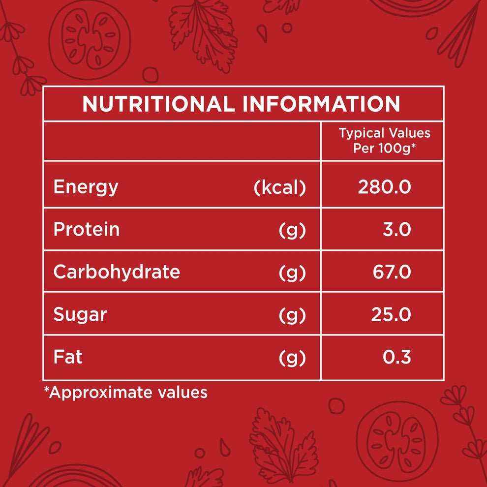 Nutritional information table of Atlantis tomato soup powder 500g showing energy protein carbohydrate sugar and fat content