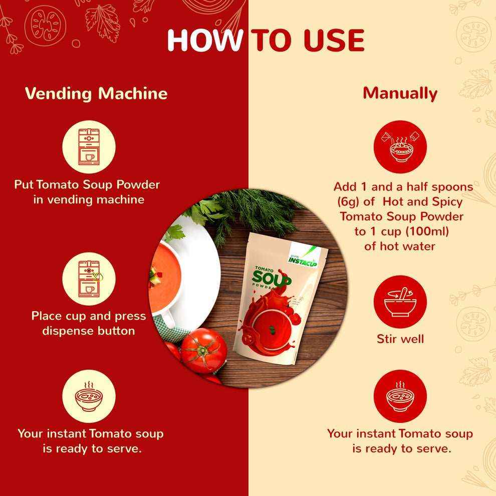 Instructions for using Atlantis tomato soup powder for vending machines and manual preparation with hot water