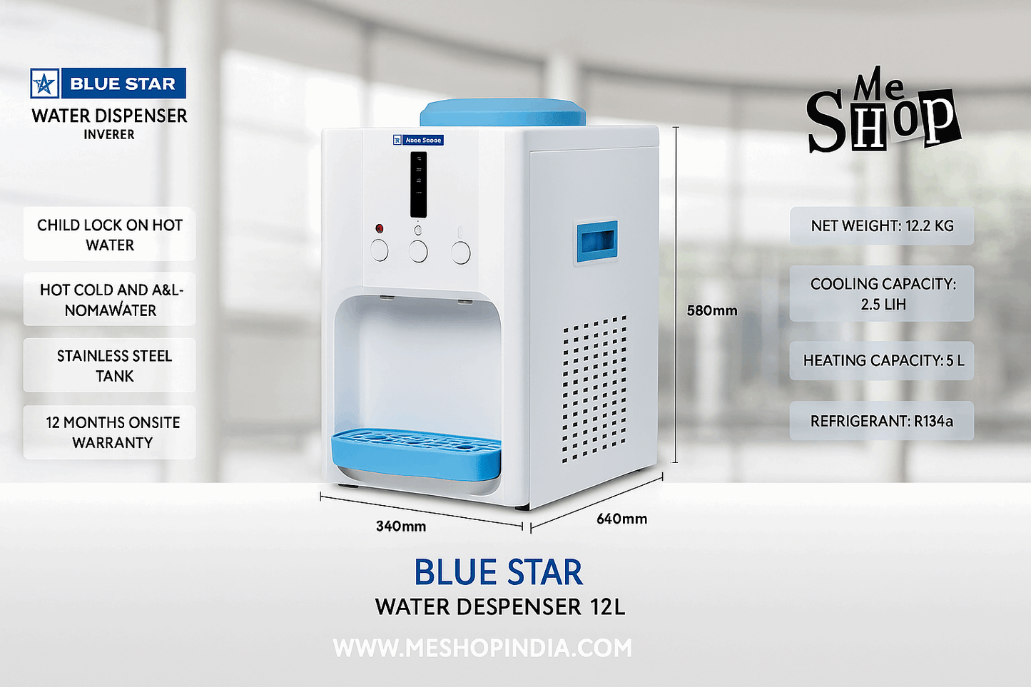 Blue Star 12 litre water dispenser for office Delhi with child lock hot water and stainless steel tank