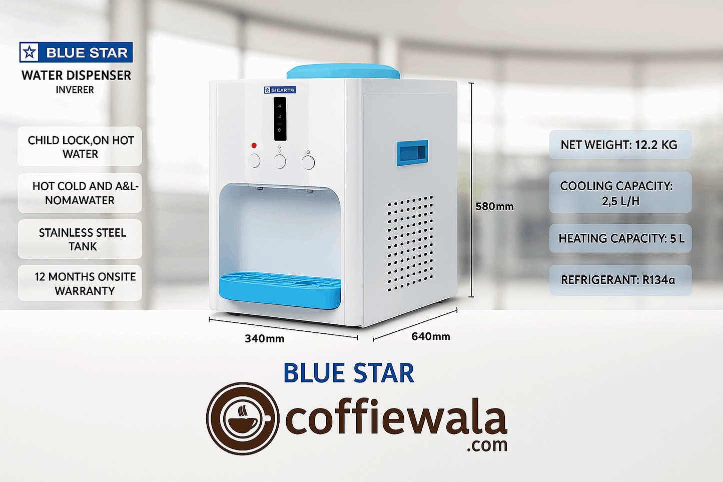 Blue Star water dispenser for office Delhi with child lock hot water and stainless steel tank