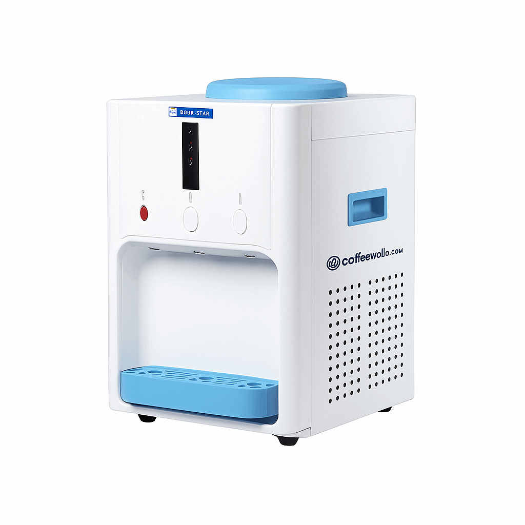 Compact water dispenser for office Delhi with blue and white design and easy push button operation