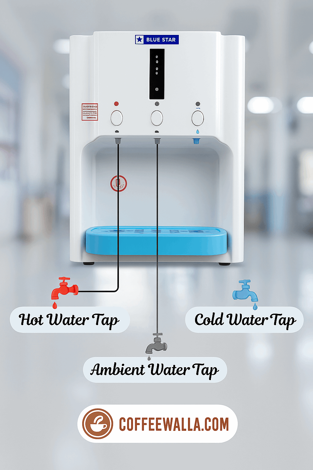 White Blue Star water dispenser for office Delhi with hot, cold, and ambient water taps in a modern office setting