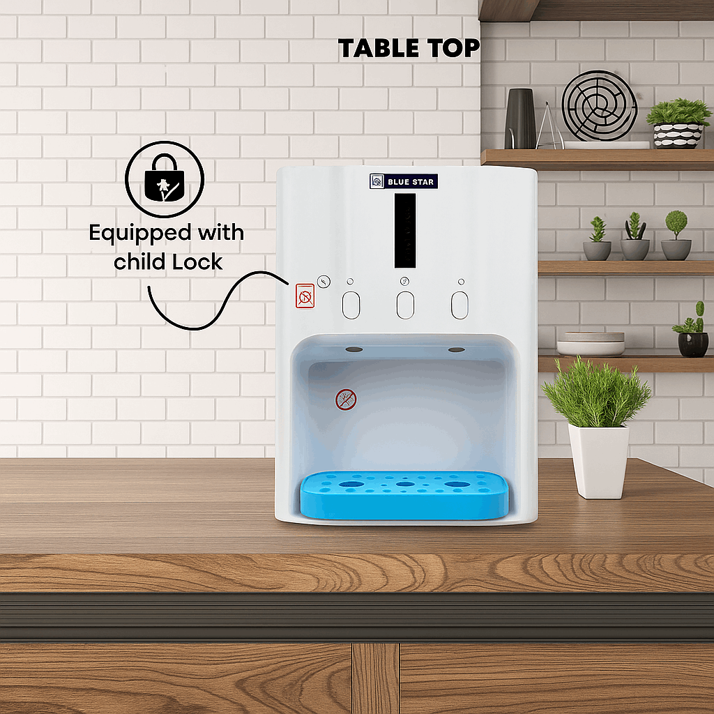 White tabletop water dispenser for office Delhi with child lock feature on wooden desk