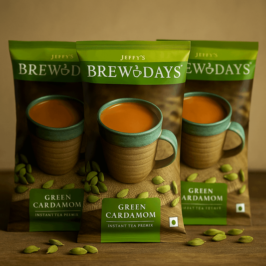 Brewdays Cardamom Tea Premium Instant Elaichi Chai Premix green cardamom instant tea packets with cup of tea