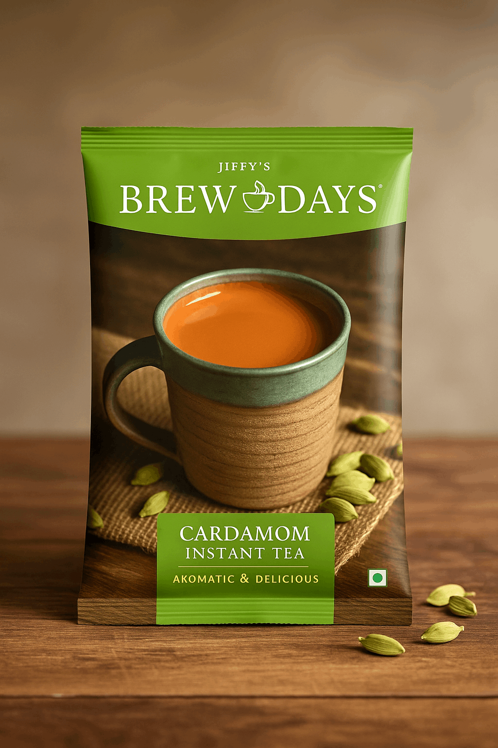 Brewdays Cardamom Tea Premium Instant Elaichi Chai Premix packet with cup of tea and cardamom pods