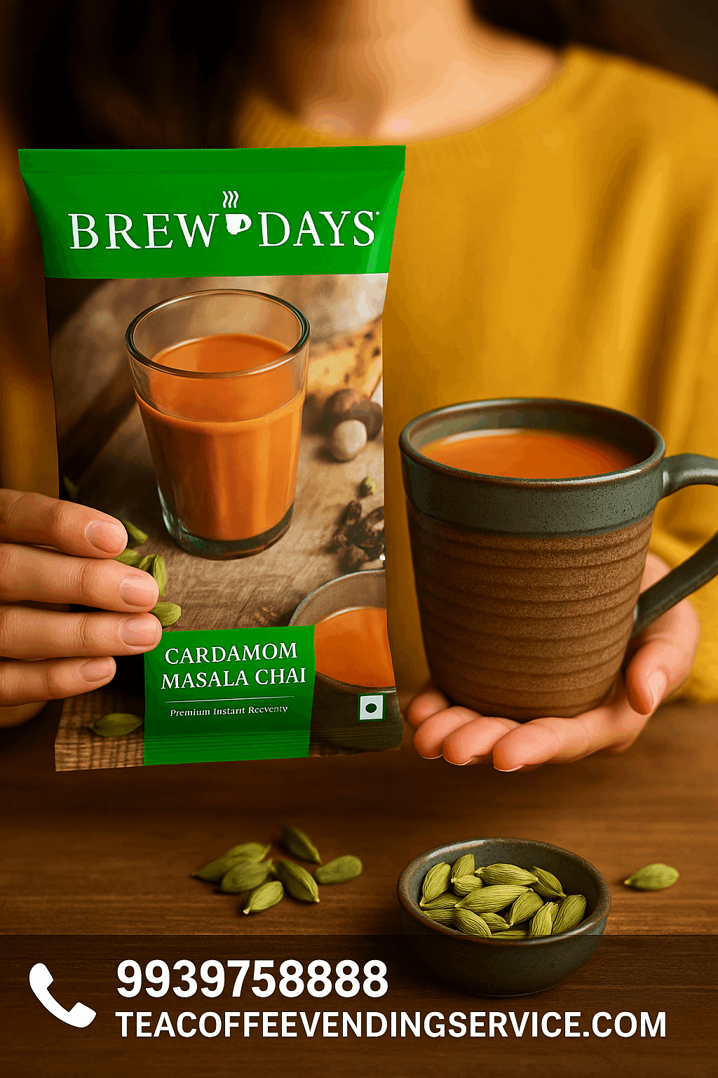 Brewdays Cardamom Tea Premium Instant Elaichi Chai Premix packet held beside a cup of hot chai with cardamom pods on table