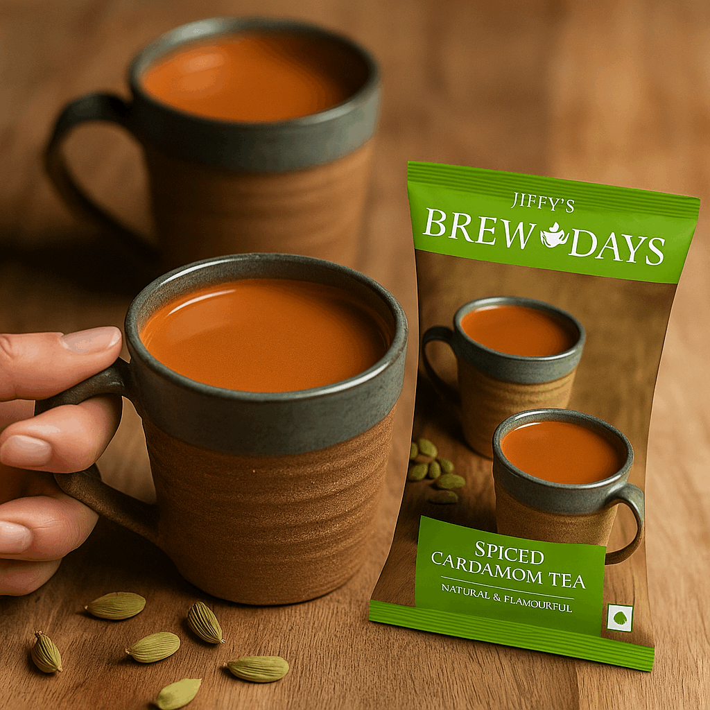 Brewdays Cardamom Tea Premium Instant Elaichi Chai Premix with two rustic cups of spiced tea and cardamom pods on wooden table