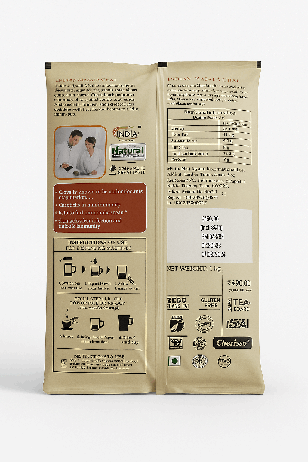 Pack of Indian masala tea premix 1kg with natural ingredients and usage instructions on the back