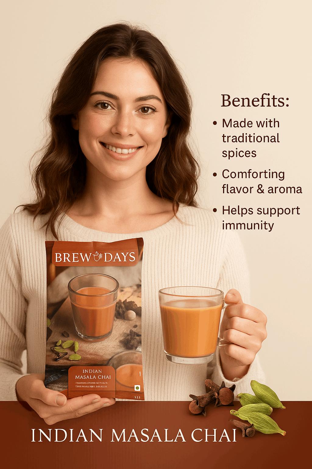 Woman holding Brewdays Indian masala tea premix 1kg pack and a glass cup of masala chai with traditional spices