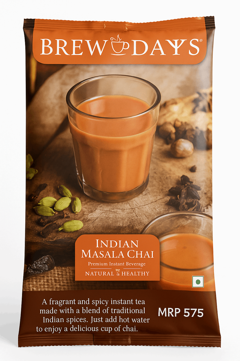 Brewdays Indian masala tea premix 1kg packet with glass of chai and traditional Indian spices