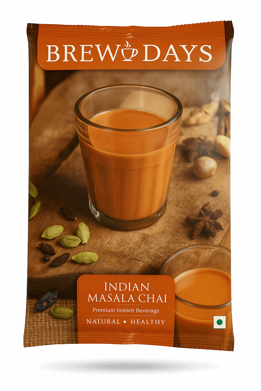 Brew Days Indian masala tea premix 1kg packet with a glass of warm spiced tea and whole spices