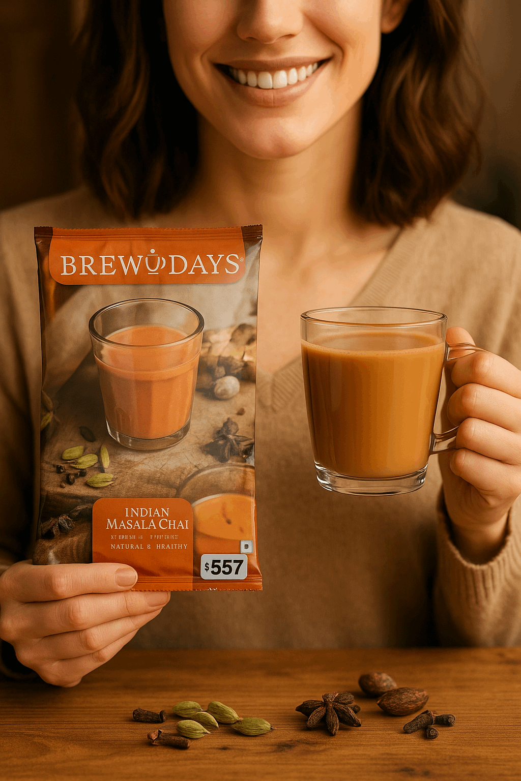 Woman holding Brewdays Indian masala tea premix 1kg pack and a glass cup of Indian masala chai