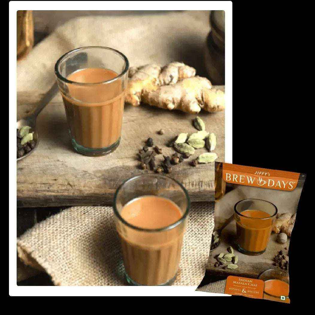 Two glasses of Indian masala tea with spices and ginger root alongside Indian masala tea premix 1kg pack