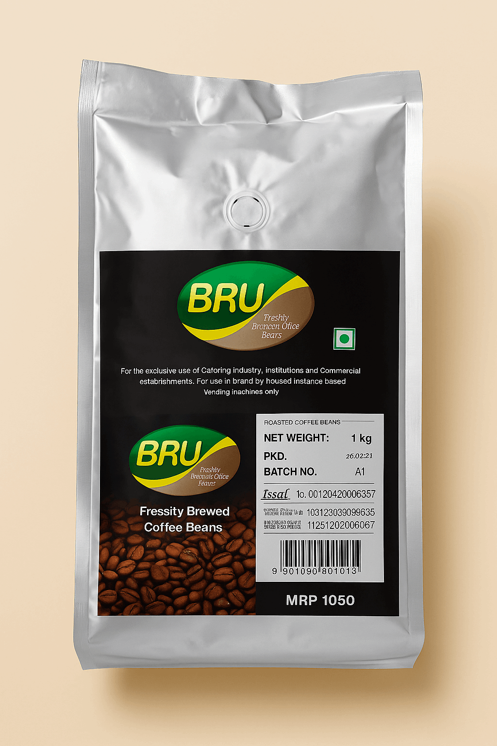BRU coffee roasted beans 1kg pack with label showing Bru coffee roasted beans price india and fresh coffee beans