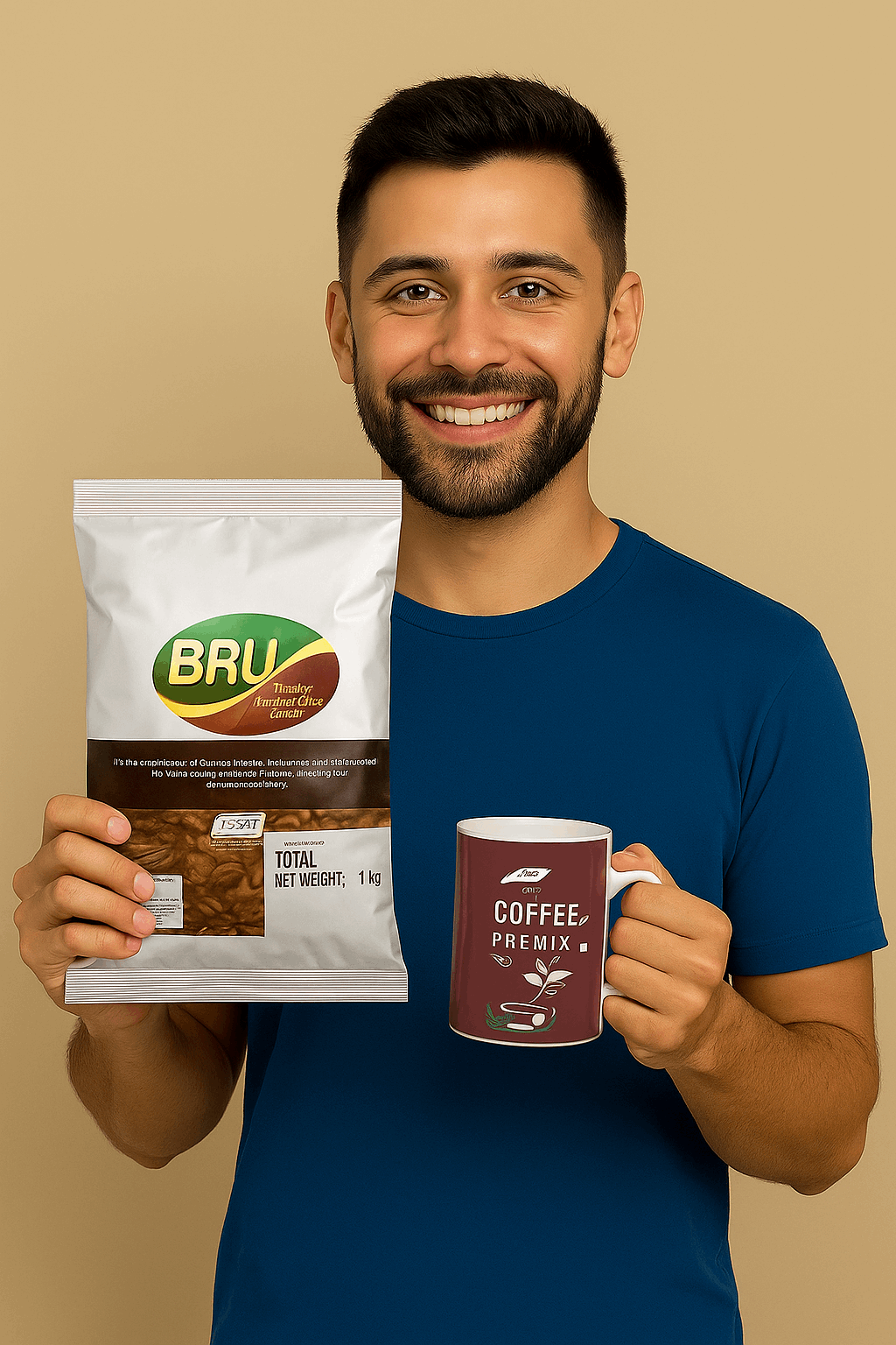 Man holding Bru coffee roasted beans price india pack and a coffee premix mug smiling