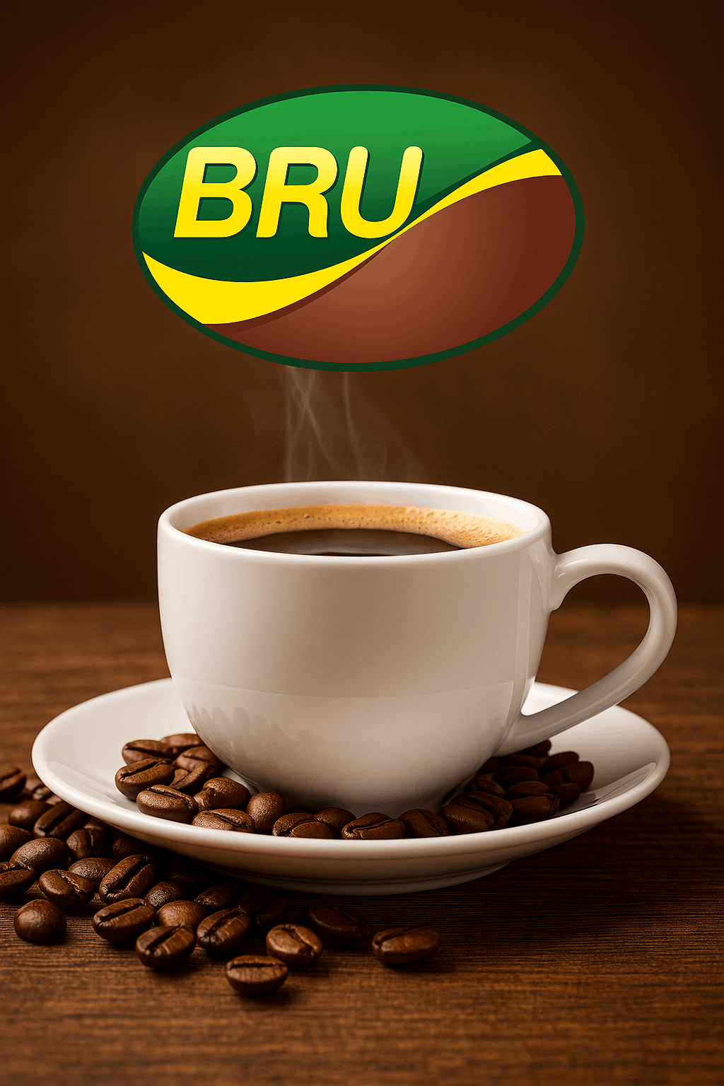 Steaming cup of black coffee with coffee beans on saucer and Bru logo showing Bru coffee roasted beans price india