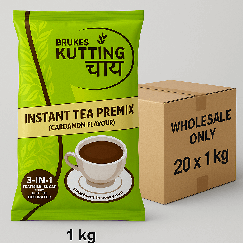 1 kg pack of Kutting Chai tea premix for vending machines with cardamom flavour next to wholesale box