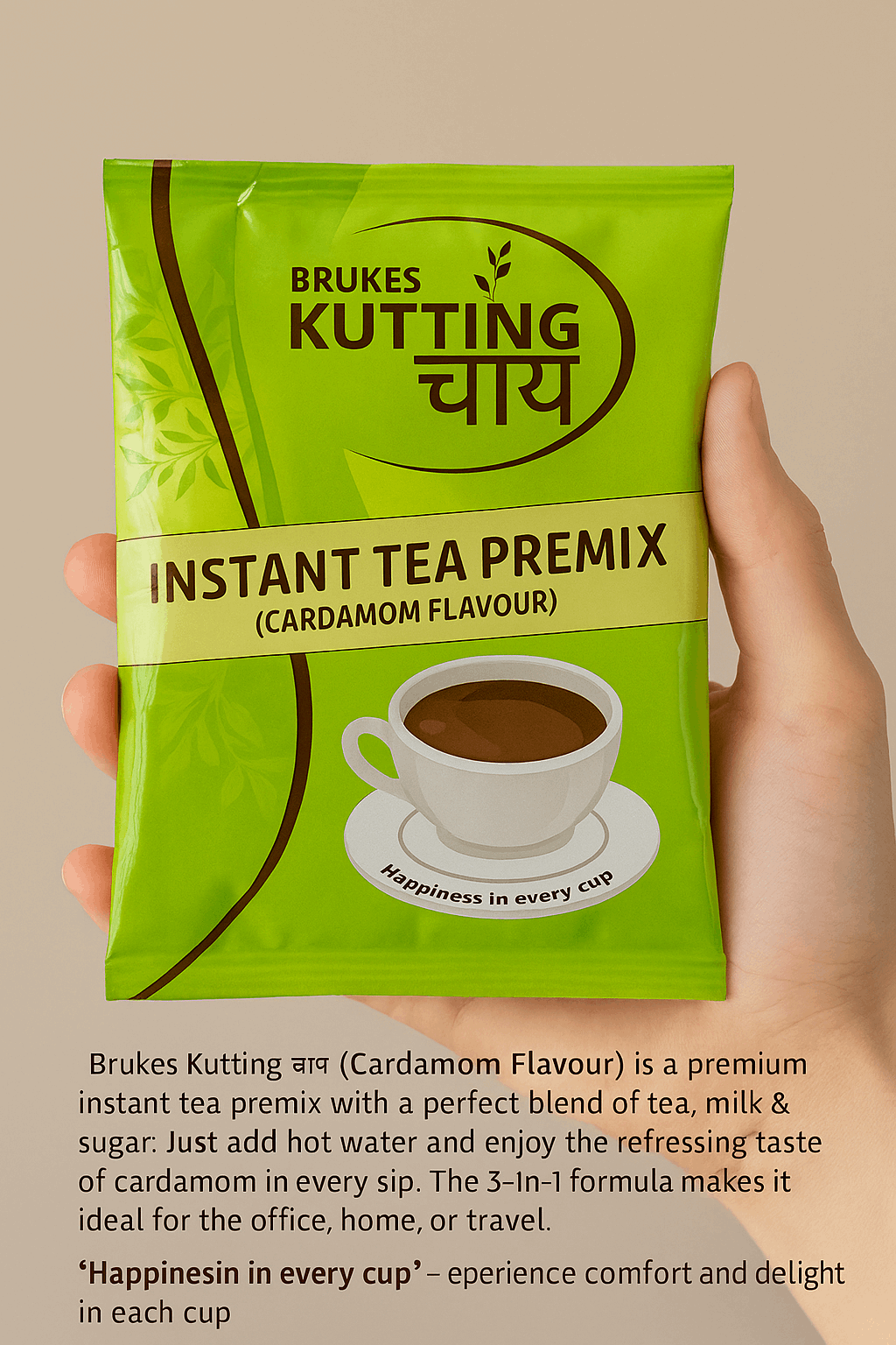 Kutting Chai tea premix for vending machines cardamom flavour instant tea packet held in hand