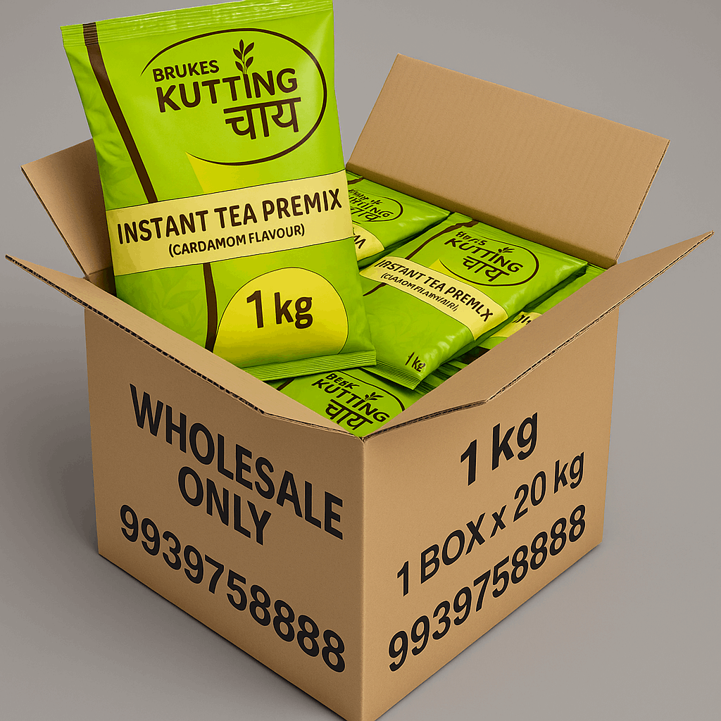Box of Kutting Chai tea premix for vending machines 1kg packets with cardamom flavour