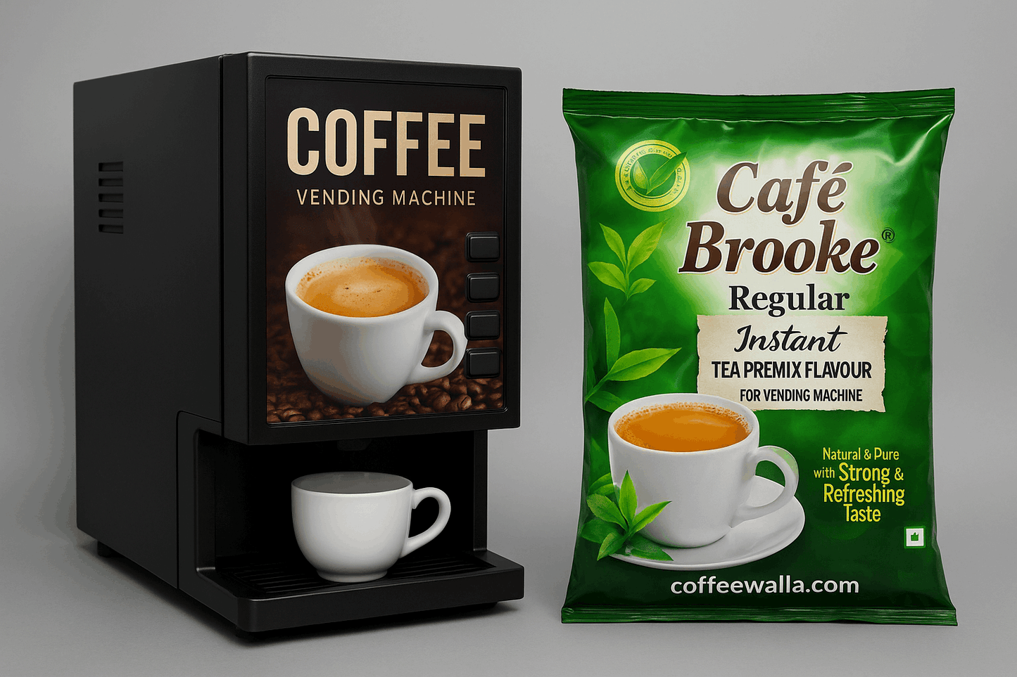 Cafe Brooke instant tea premix 1kg cardamon tea packet next to a black coffee vending machine with a cup of coffee
