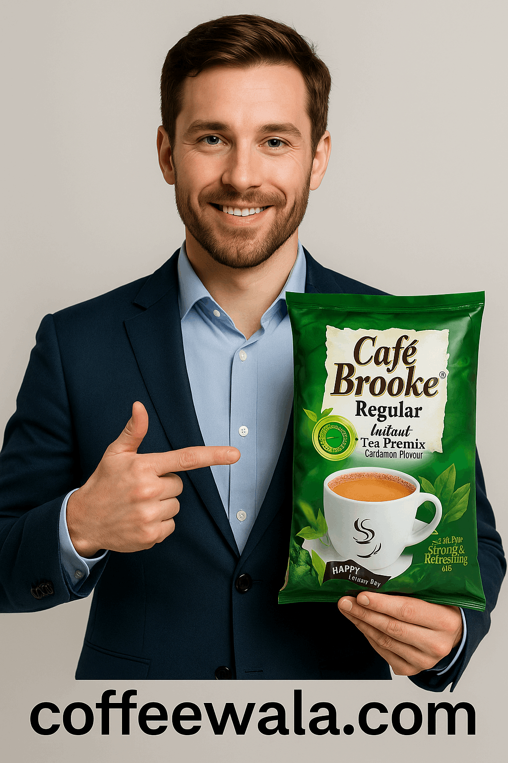Man in suit holding and pointing to a pack of Cafe Brooke instant tea premix with cardamom flavour