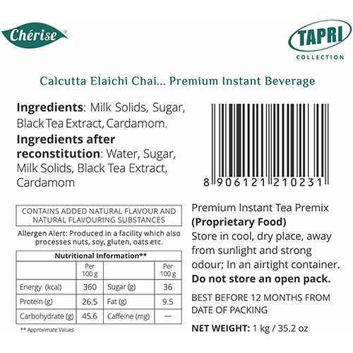 Cherise Tapri premium chai instant tea premix with cardamom and black tea extract label showing ingredients and nutritional information