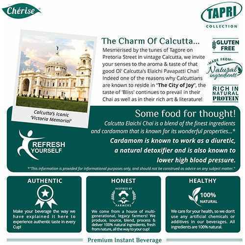 Cherise Tapri premium chai packaging highlights gluten free natural ingredients and rich natural protein