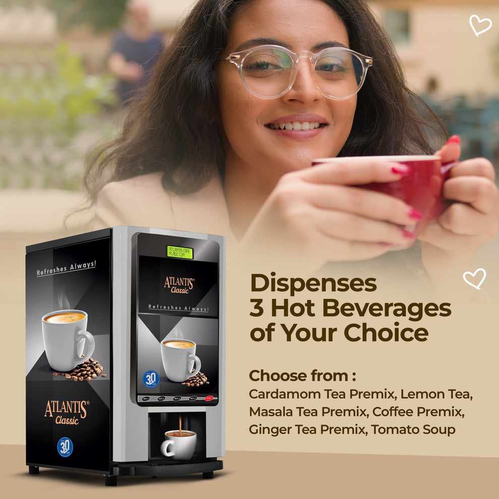 COFFEE WALLA Atlantis 3 lane coffee machine dispensing three hot beverages including coffee and tea