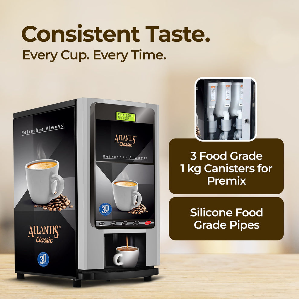 COFFEE WALLA Atlantis 3 lane coffee machine with 3 food grade canisters and silicone food grade pipes