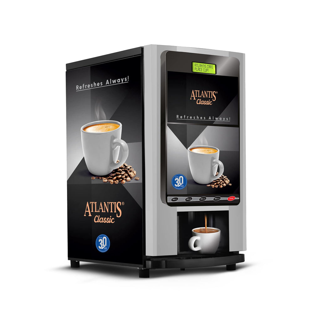 COFFEE WALLA Atlantis 3 lane coffee machine dispensing fresh coffee into white cups
