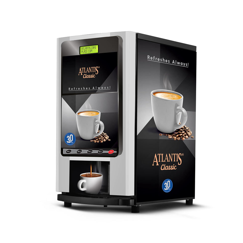 COFFEE WALLA Atlantis 3 lane coffee machine dispensing fresh coffee with cup and coffee beans design