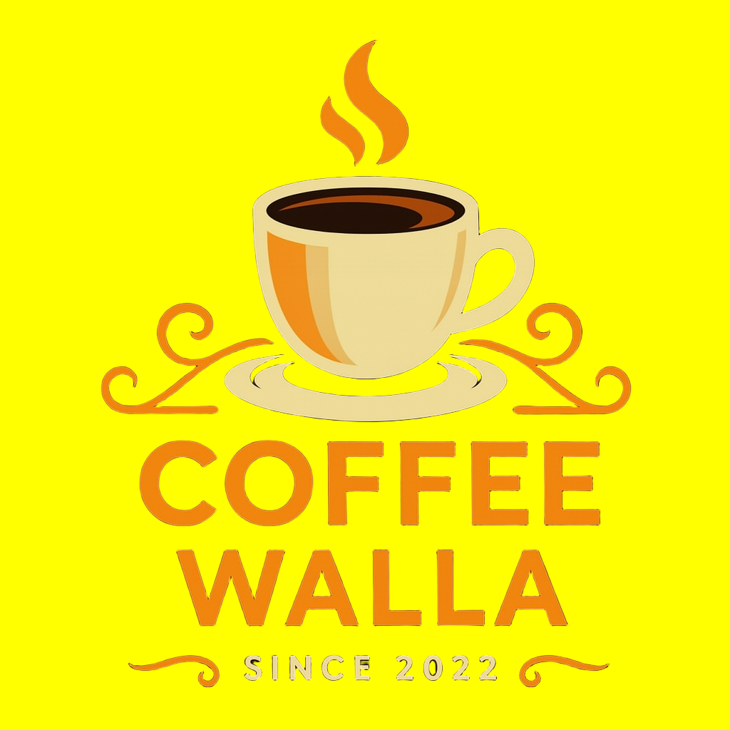 Coffee Walla logo with a steaming coffee cup on a bright yellow background for Atlantis 3 lane coffee machine