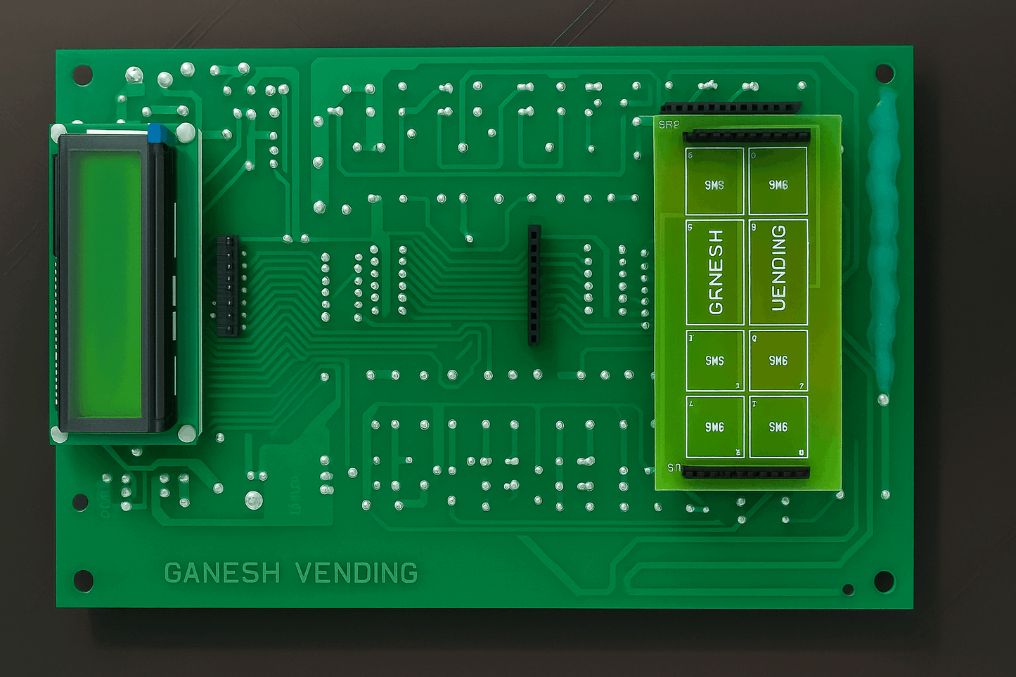 Green 3 lane nescafe vending pcb with display screens and circuit components for tea coffee vending service