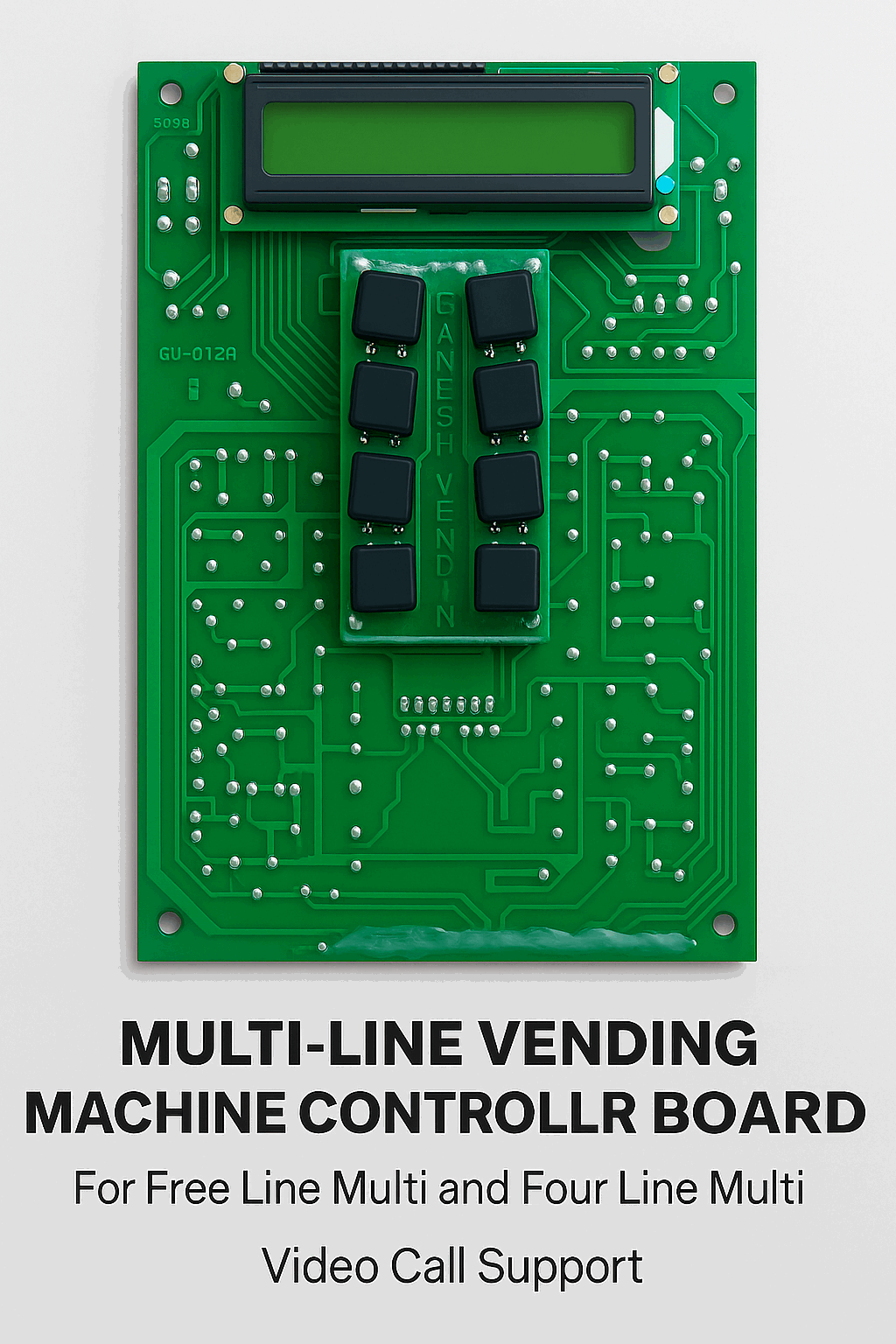 Green 3 lane nescafe vending pcb with black components and LCD screen for vending machines