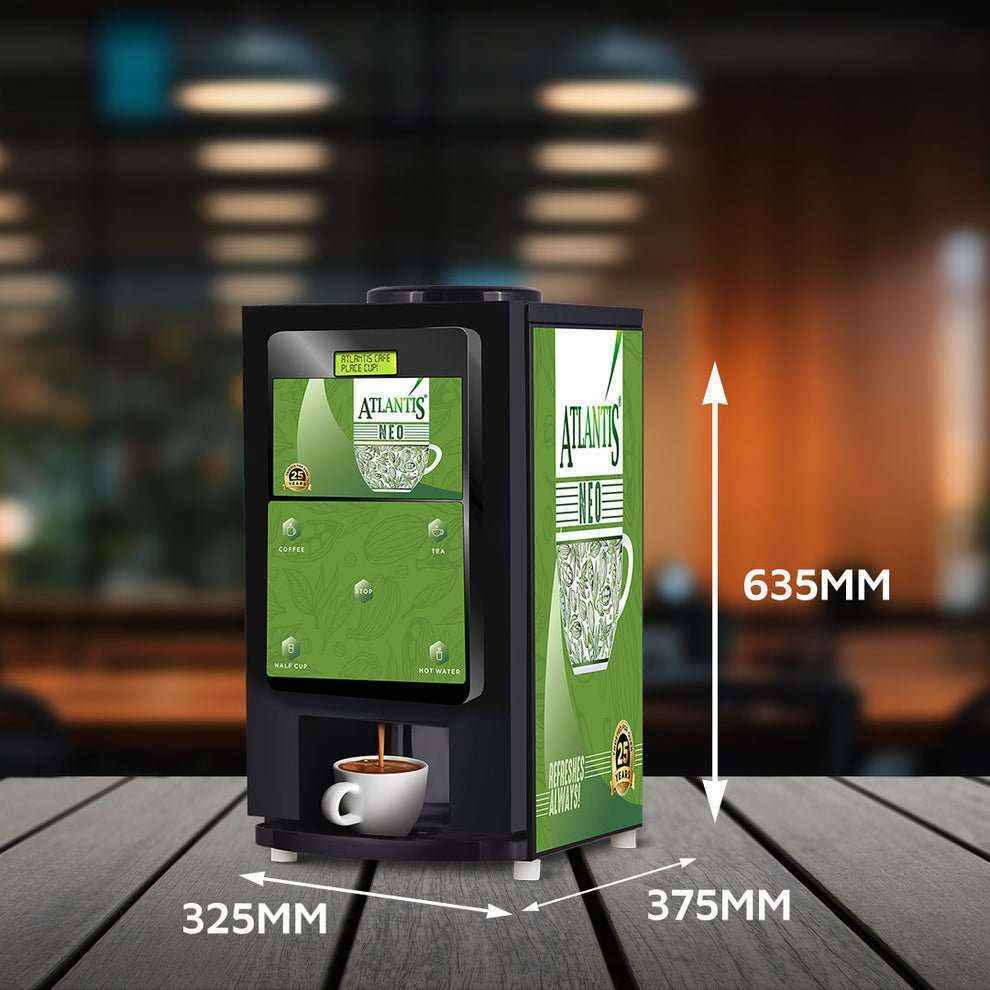 Neo 2 Lane vending machine with hot water in green and black dispensing coffee into a white cup