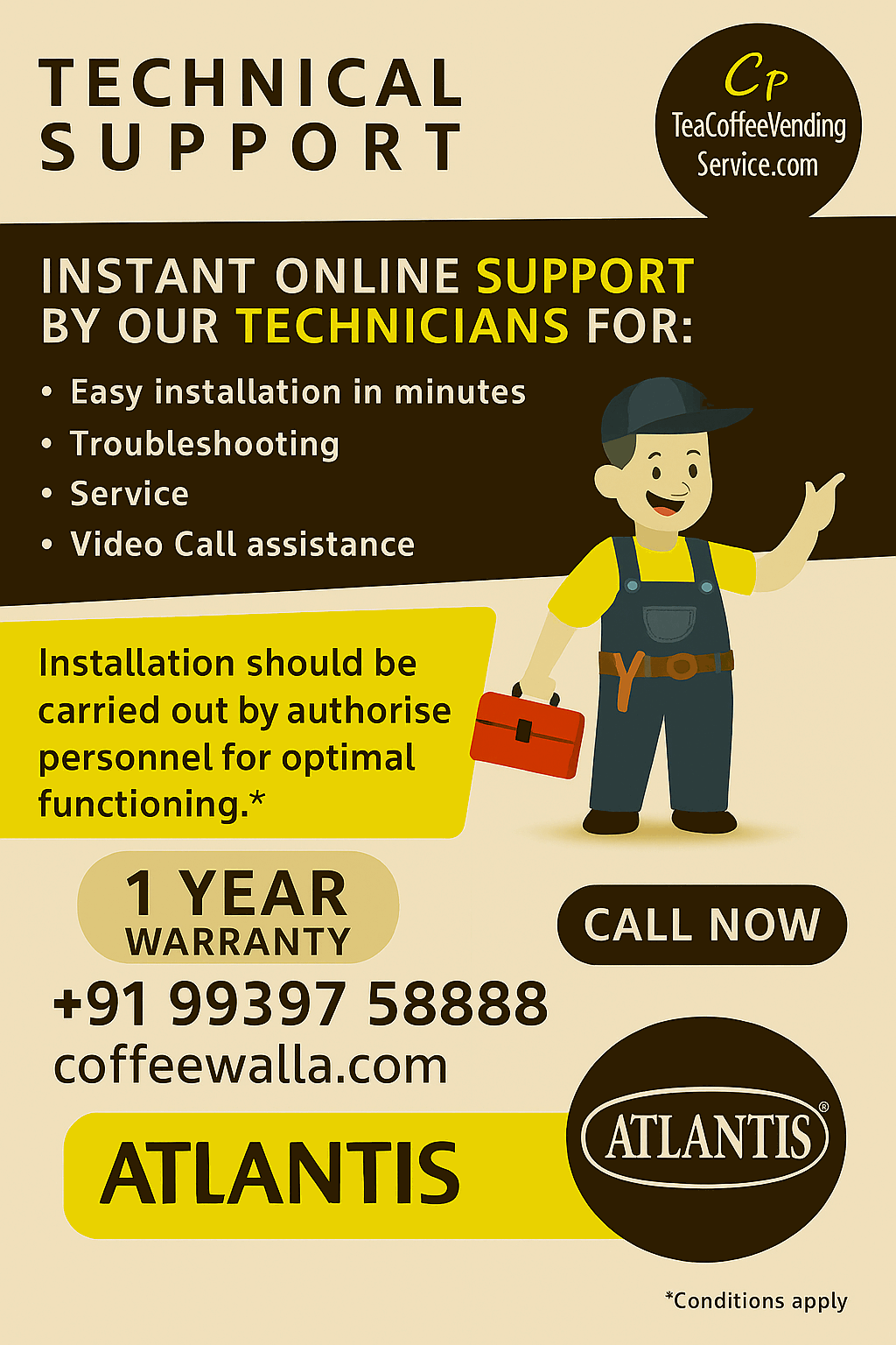 Technical support service advertisement for Neo 2 Lane vending machine with hot water from Tea coffee vending service