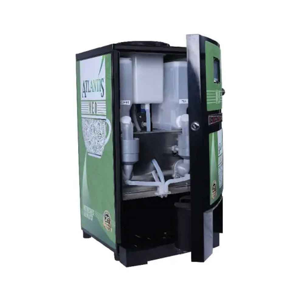 Neo 2 Lane vending machine with hot water by Tea coffee vending service showing internal components and green exterior