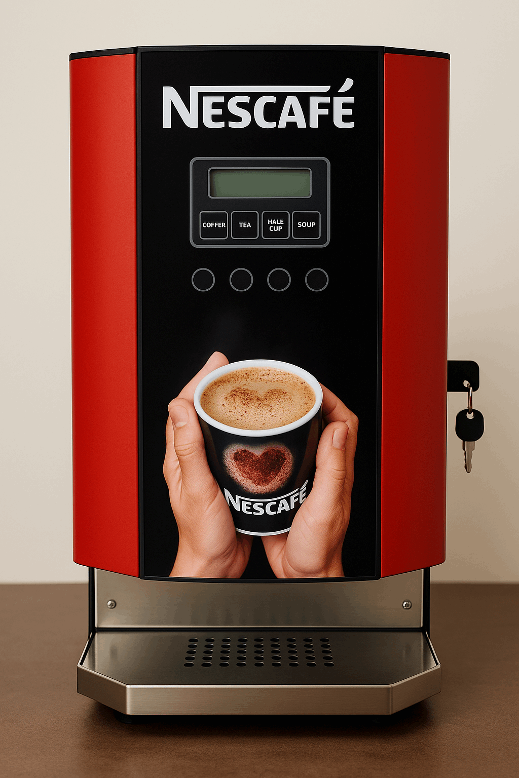 Nescafe 2 lane coffee machine in red and black with digital display and cup of coffee image