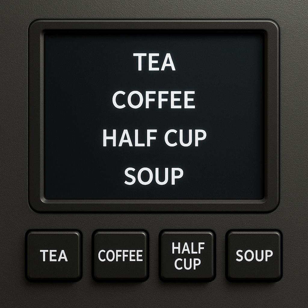 Control panel of Nescafe 2 lane coffee machine with buttons for tea coffee half cup and soup