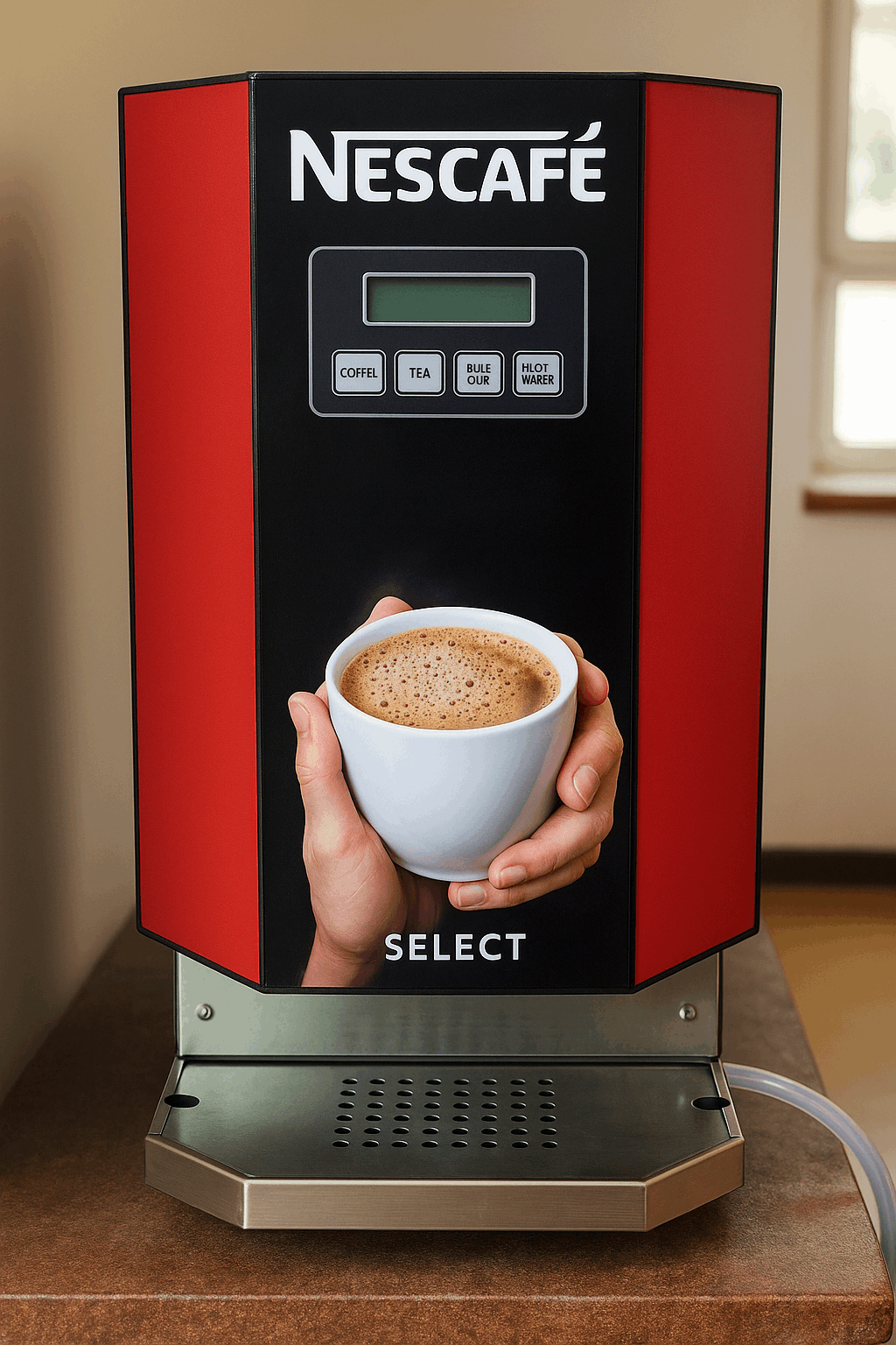 Nescafe 2 lane coffee machine with digital display and selection buttons holding a cup of coffee